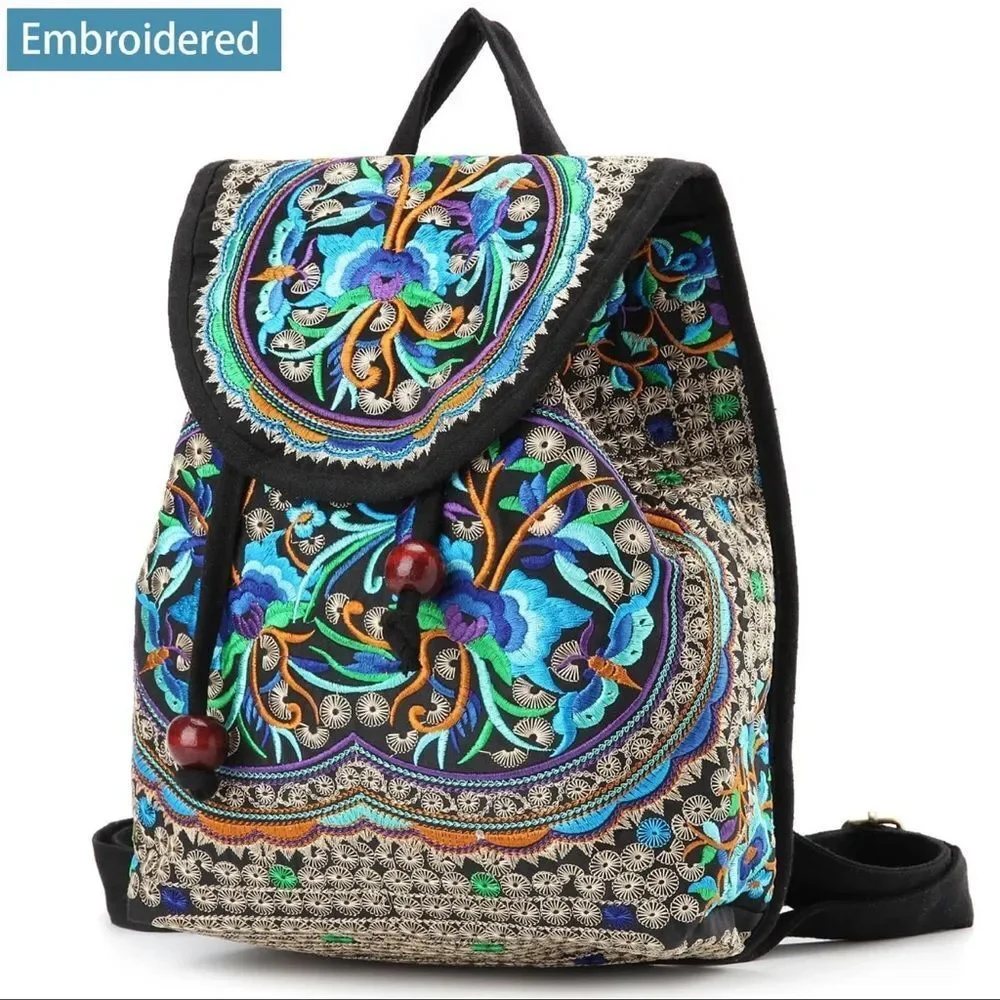 Goodhan Embroidered Bohemian Canvas Backpack Purse Blue/Purple Floral EUC